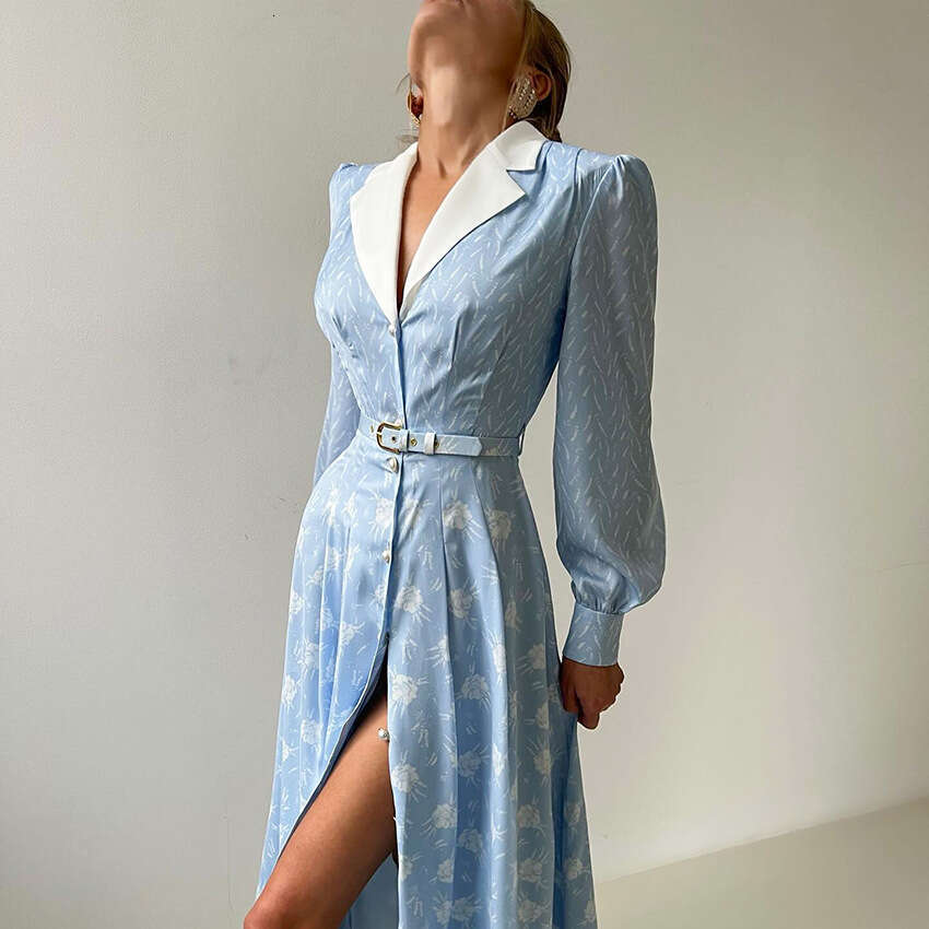 Autumn Winter New French Style Printed Color-Block Lantern Sleeve Slim Dress For Women With Design Sense And Fashionable Temperament B3