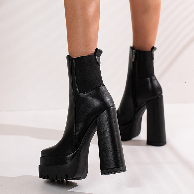 Autumn and winter new European and American style double-layer water table back elastic side zipper square toe high thick heel women's short boot