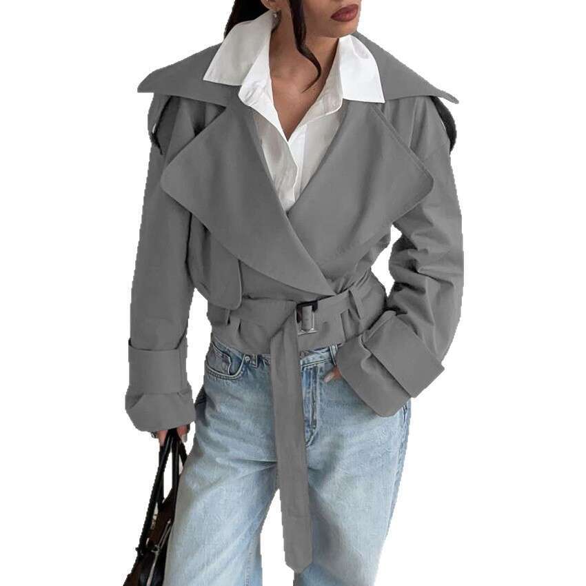 Autumn Winter New High-End Lace-Up Lapel Long Sleeve Windbreaker Women, Stylish And Elegant Design For Commuting B3