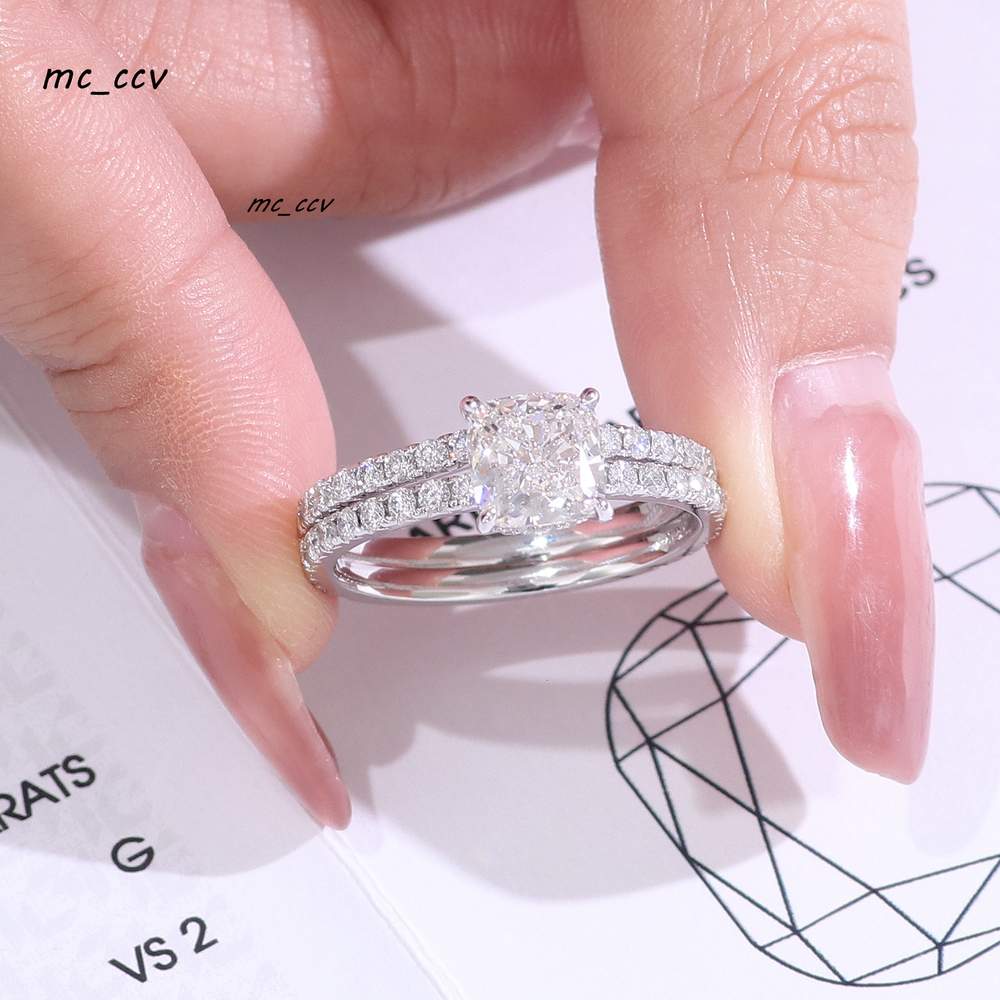 Fine Jewelry Women Custom 14K 18K White Gold Diamond Engagement and Wedding Band Ring 2ct Cushion Cut Lab Diamond Ring