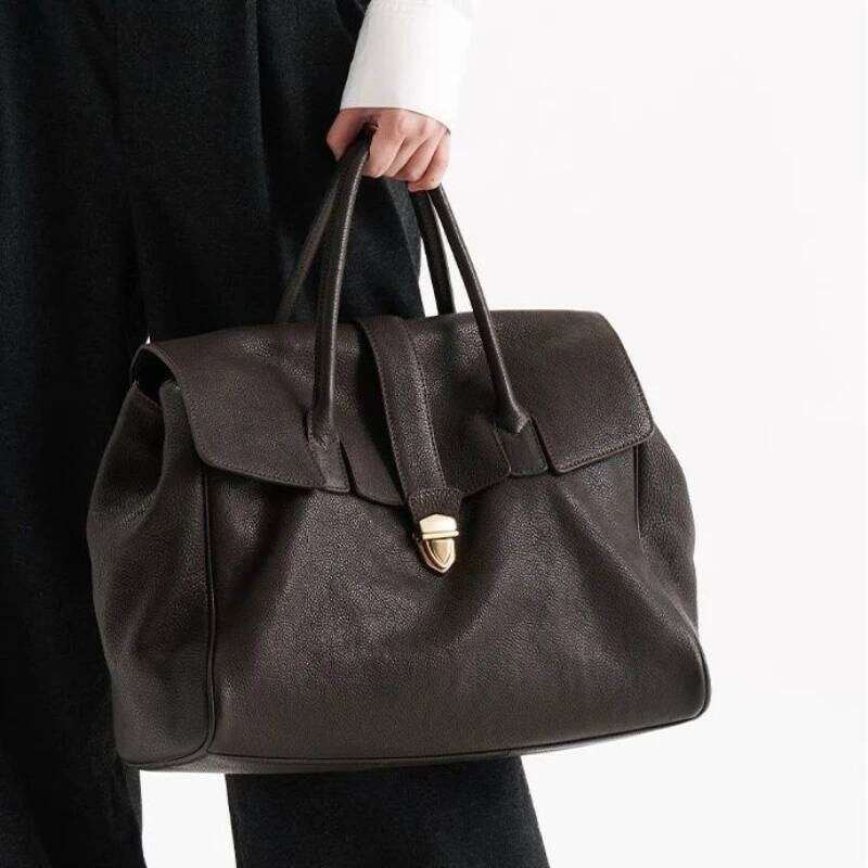 2025 New Bags High Version Flat Cover Top Layer Official Document Tote Work Commuter Bag Retro Big Capacity Soft Leather Package