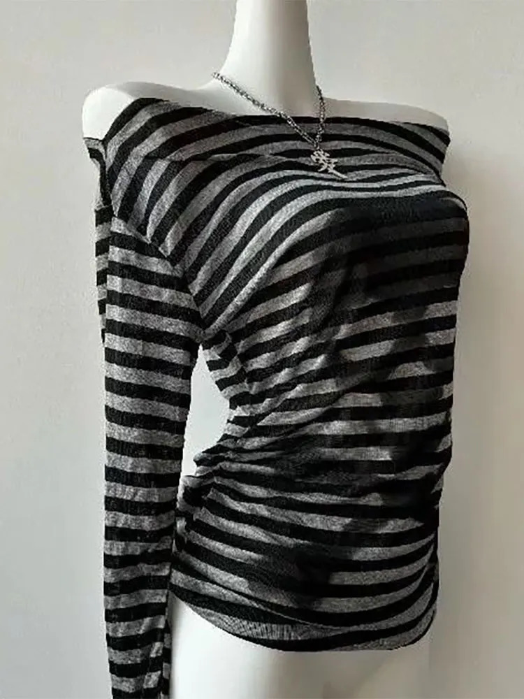 Gothic Vintage Skull Stripe Tshirt Women Off shoulder Top er Knitted Basic Long sleeve Tees 2000s Y2k Clothes Fashion 250905