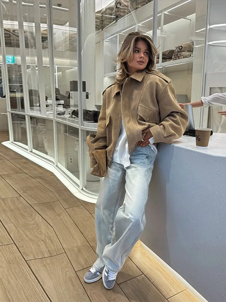 Thicken Suede Jacket Loose Lapel Long Sleeves Zipper Elastic Band Coats Female 2025 Autumn Chic Commute Solid Outwears 250905