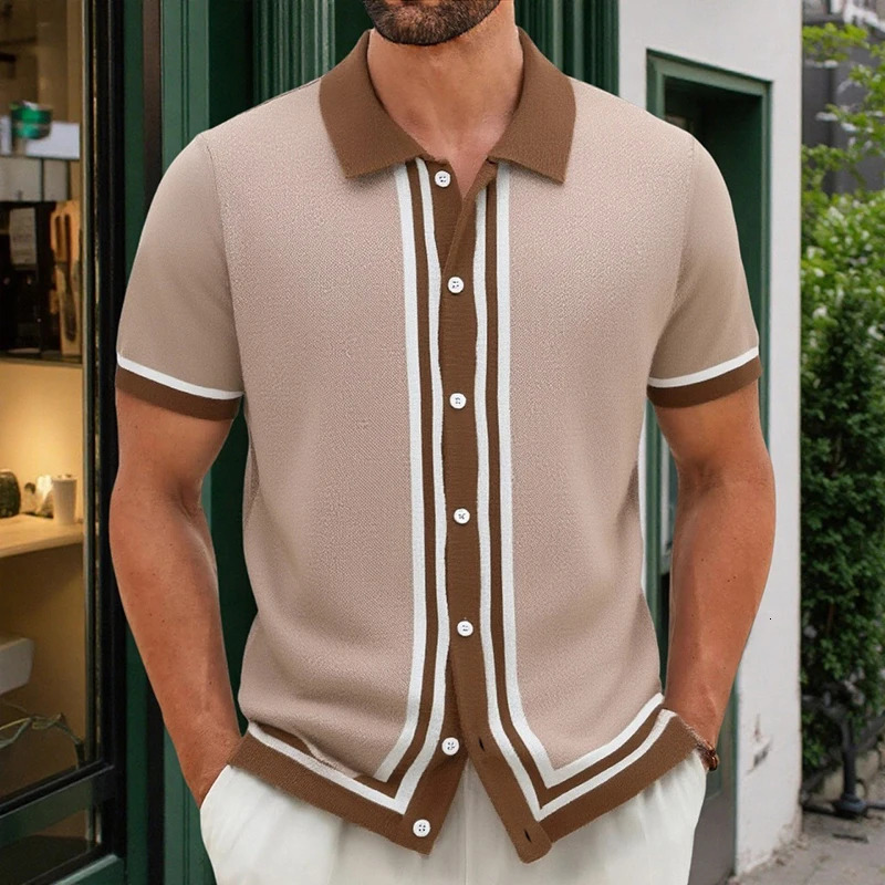 American Retro Men Polo Shirt Summer Fashion Patchwork Knitted Short Sleeve Cardigan Tops Premium Breathable Striped Shirts 250905