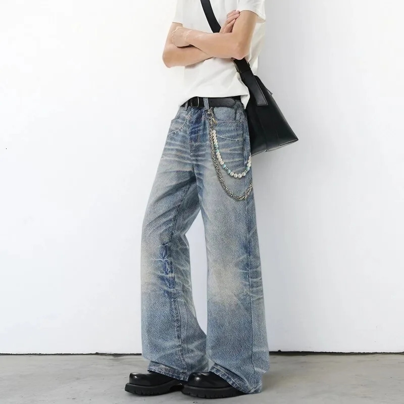 Autumn Men Baggy Jeans Oversize Straight Loose Casual Denim Trousers Solid Color Streetwear Fashion Y2k Wide Leg Elastic Pants 250906
