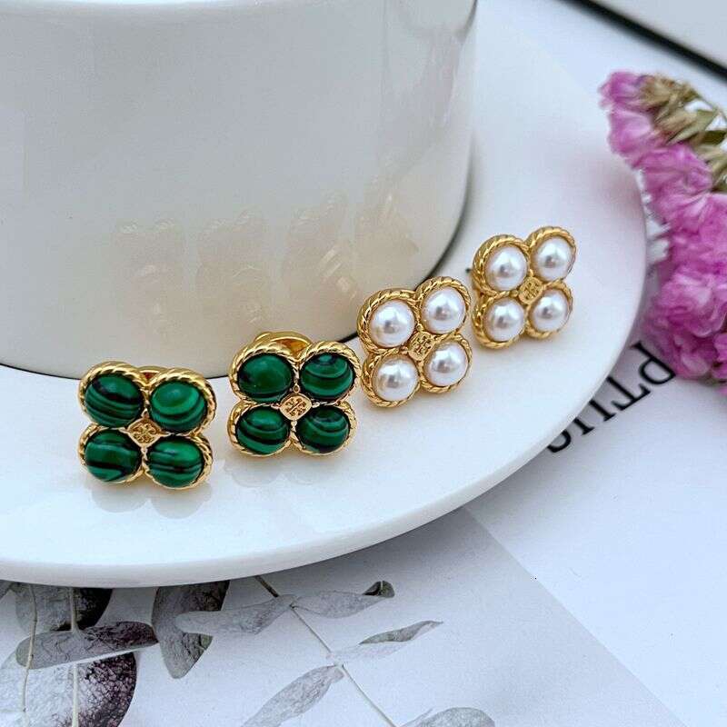 DHpet Fashionable Light Sweet Inlaid Glass Pearl Malachite Four-Leaf Clover Shape Metal Earrings