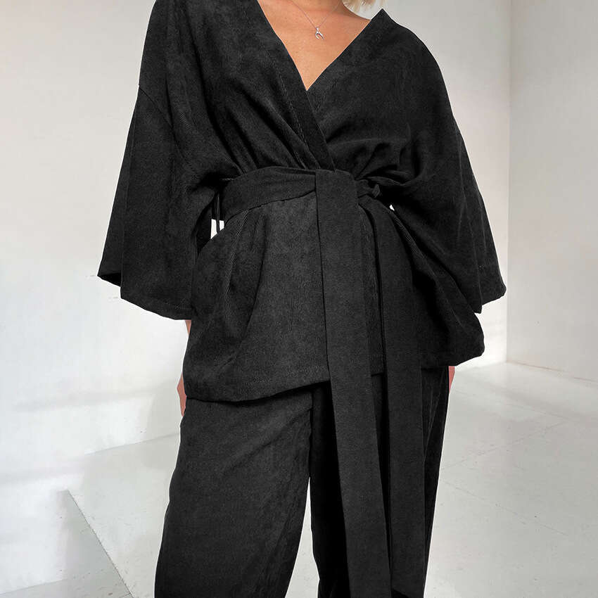 Autumn Winter New Loose Soft V-Neck Tie Sleeve Long Pants Set Design Sense Elegant Casual B3