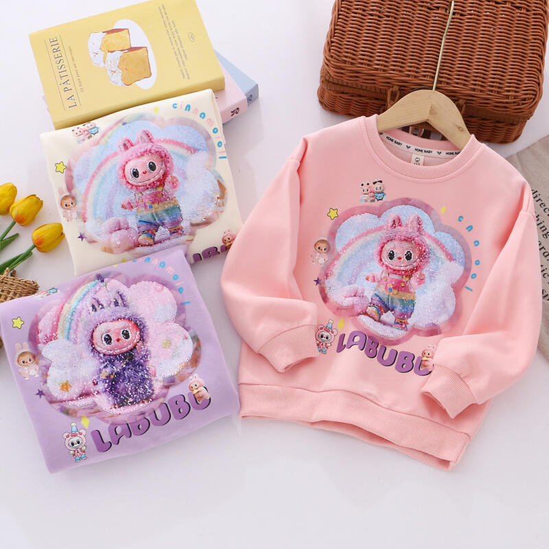 Labubu girls' clothes girls' hoodie children's cotton hoodie round neck pullover girls' cartoon rainbow printed baby clothes comfo
