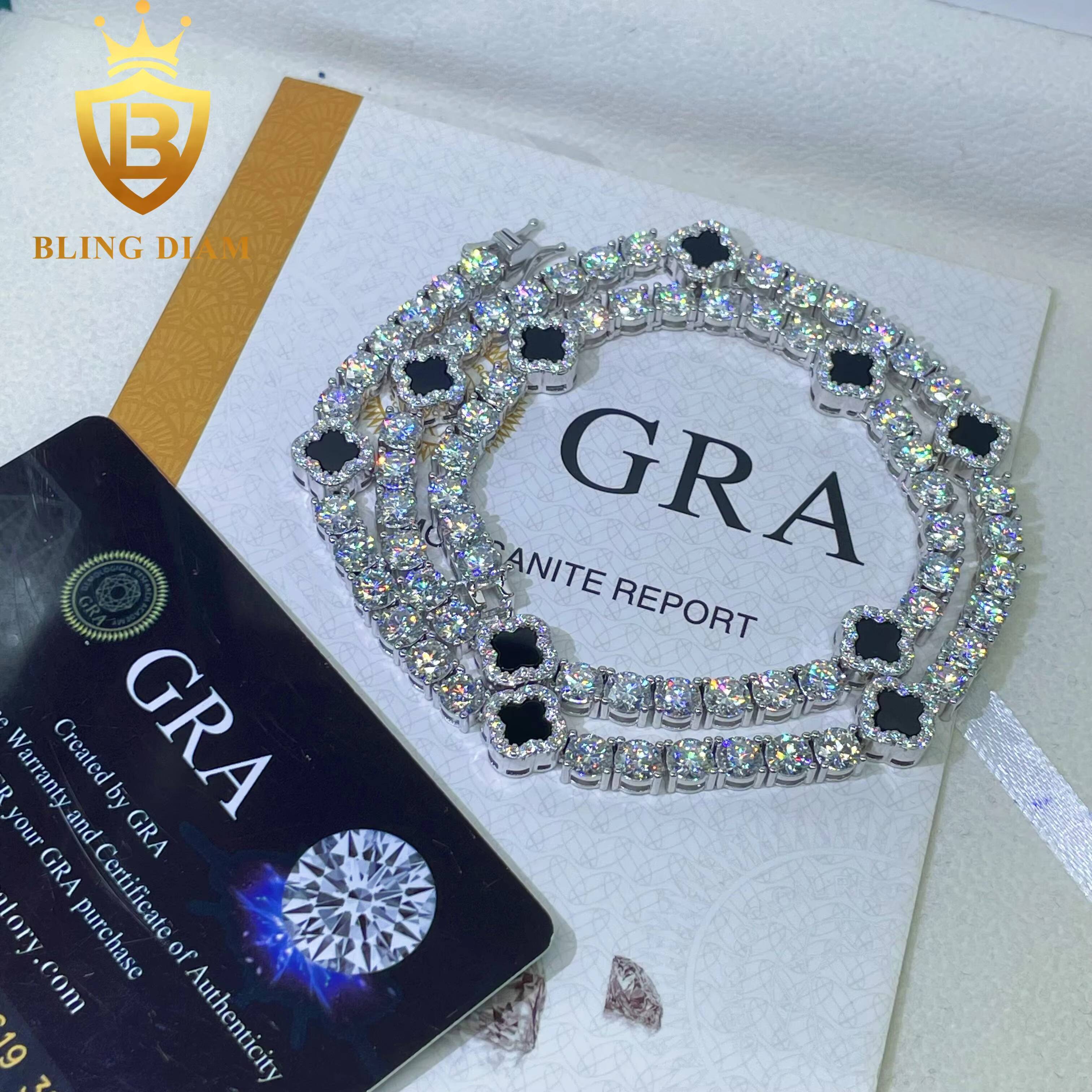 Factory Direct 3mm 5mm Fourleaf Clover 925 Silver Moissanite Diamond Tennis Necklace Design Fashion Tennis Jewelry Men Women