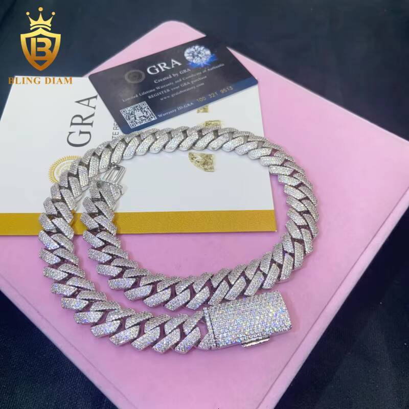 In Stock with GRA Hip Hop Style S925 Moissanite 15mm Cuban Chain Pass Diamond Tester Iced Out Moissanite Necklace Chain Silver