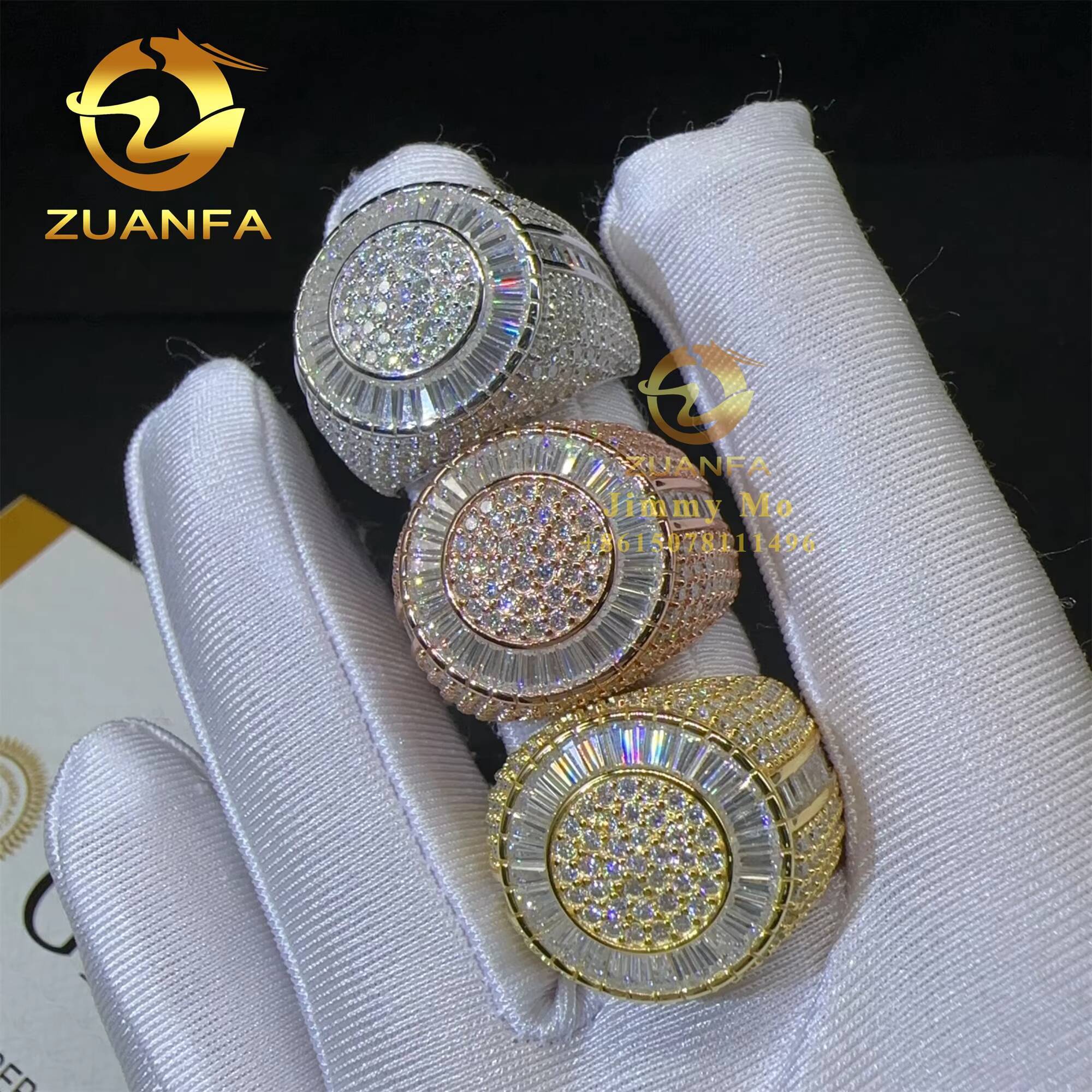 Best Selling GRA Certificate Iced Out Hip Hop Vvs Baguette Moissanite Diamond 925 Solid Silver Round Ring for Man