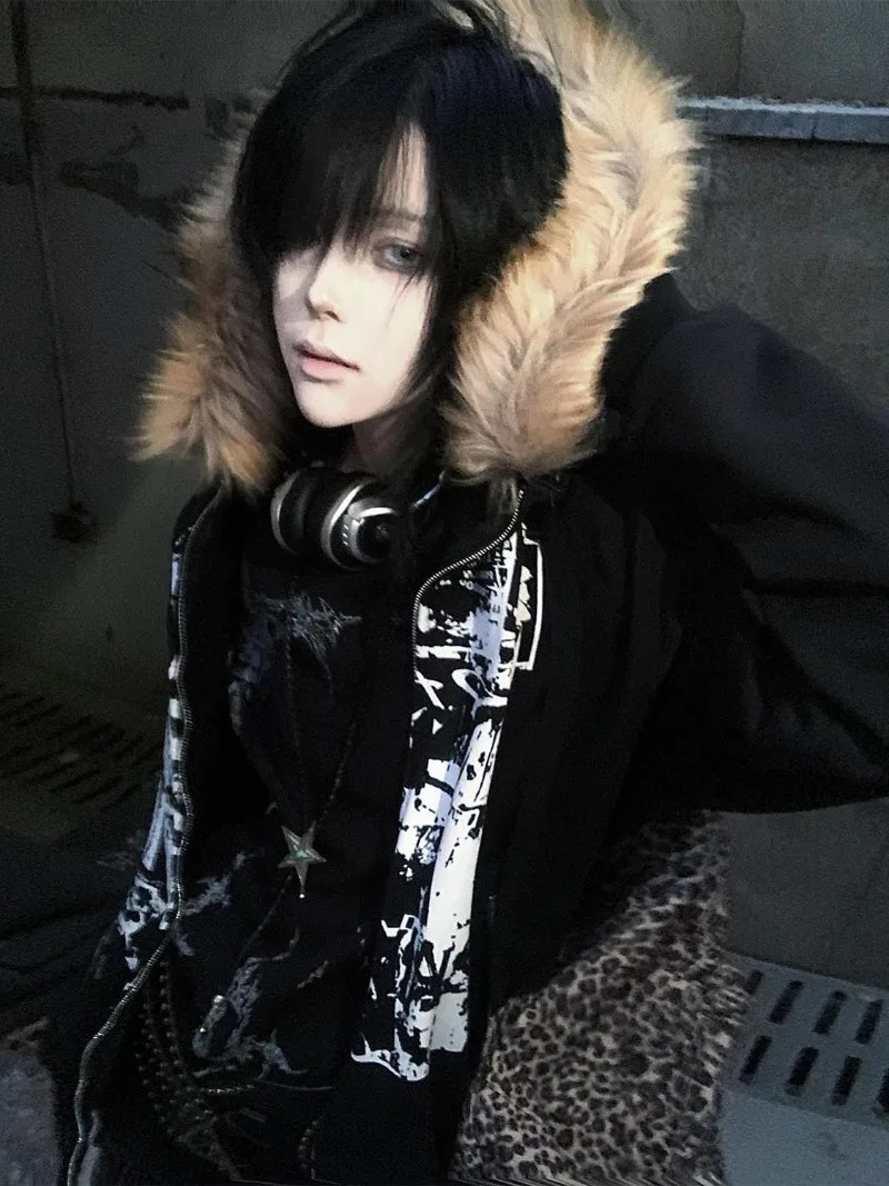Streetwear Vintage Harajuku Gothic Print Hooded Sweatshirt Coat Aesthetic Slim Jacket Y2k Fur Patchwork Grunge Hoodies Women 250905