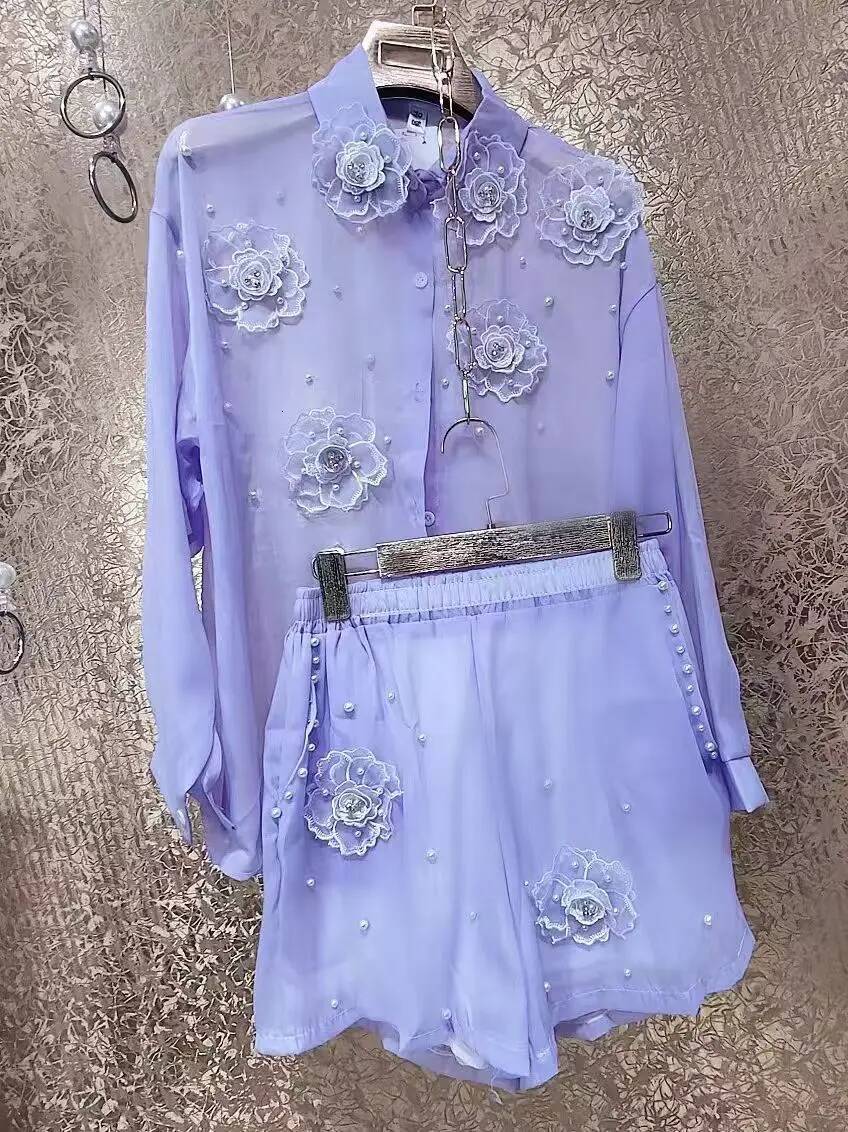 2025 design new bead D-flower sewn women's long sleeved shirt summer thin high waisted shorts two-piece set women's designer outdoor sportsw