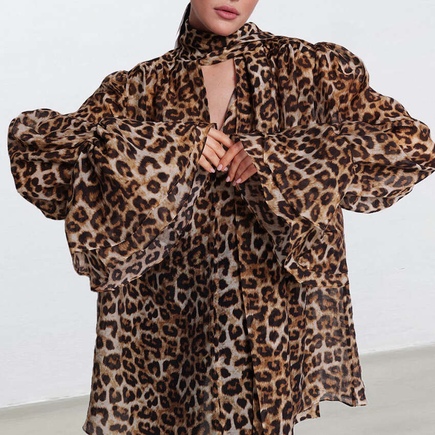 Autumn Winter New Loose Ruffled Tie Leopard Print Chiffon Blouse Design Sense Elegant Fashion Commuting B3