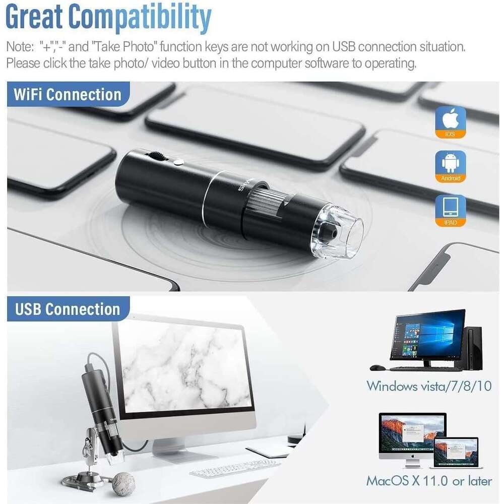 Wireless Digital Microscope, Skybasic 50X-1000X Magnification WiFi Portable Handheld Microscopes Adjustable Stand HD USB Microscope Camera Compatible 