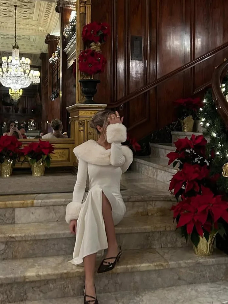 Women White Faux Fur Patchwork Dress Elegant Off Shoulder Slanted Collar Full Sleeve Maxi Dresses Lady Party Vestidos 250905