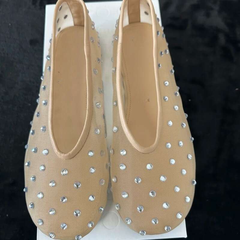 Niche Fashion Round Toe Designer Shoe Rhinestone Mary Jane Shoes for Women, Mesh Hollow Breathable Flat Comfortable Ballet Flats