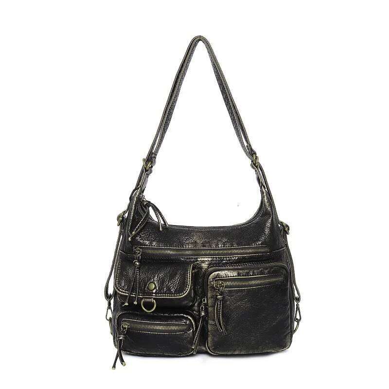 Women's Large PU Shoulder Fashion Top-Handle Vintage Black Dyeing Dumpling Pack Multi-Pockets Crossbody Bag
