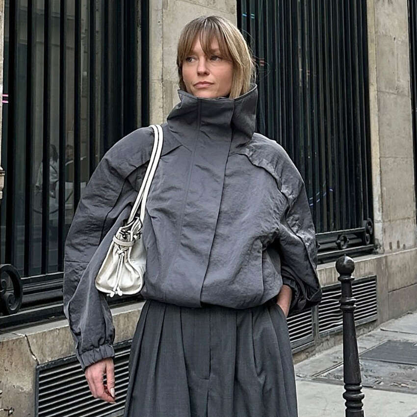 Autumn Winter New American Style Gray High Trench Coat Women Outdoor Jacket Stand Collar Windbreaker B3