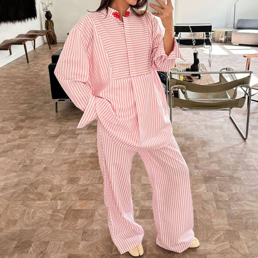 Autumn Winter New Chinese Style Button Pink Striped Sleeve Long Pants Set For Women With Design Sense And Fashionable Temperament B5