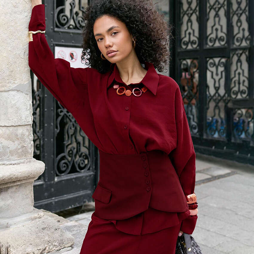 Autumn Winter New Long Sleeve Shirt Waist Cinch Half Skirt Set Design Sense Elegant Fashion Commuting B5