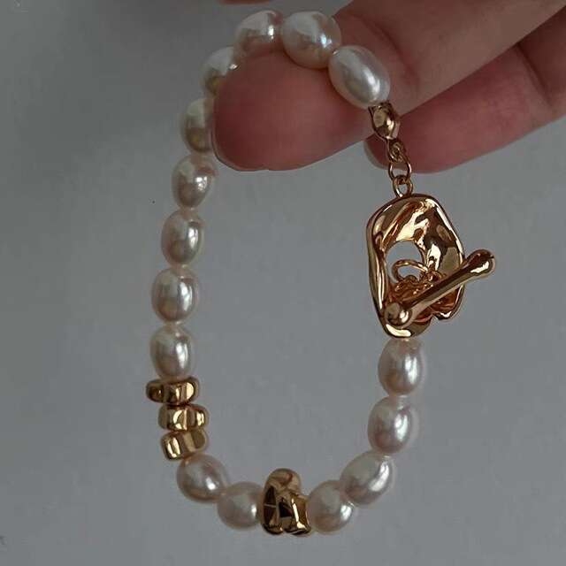 DH collections 2025 Spring: Women's Ins style Irregular Gold beaded Baroque Pearl Bracelet