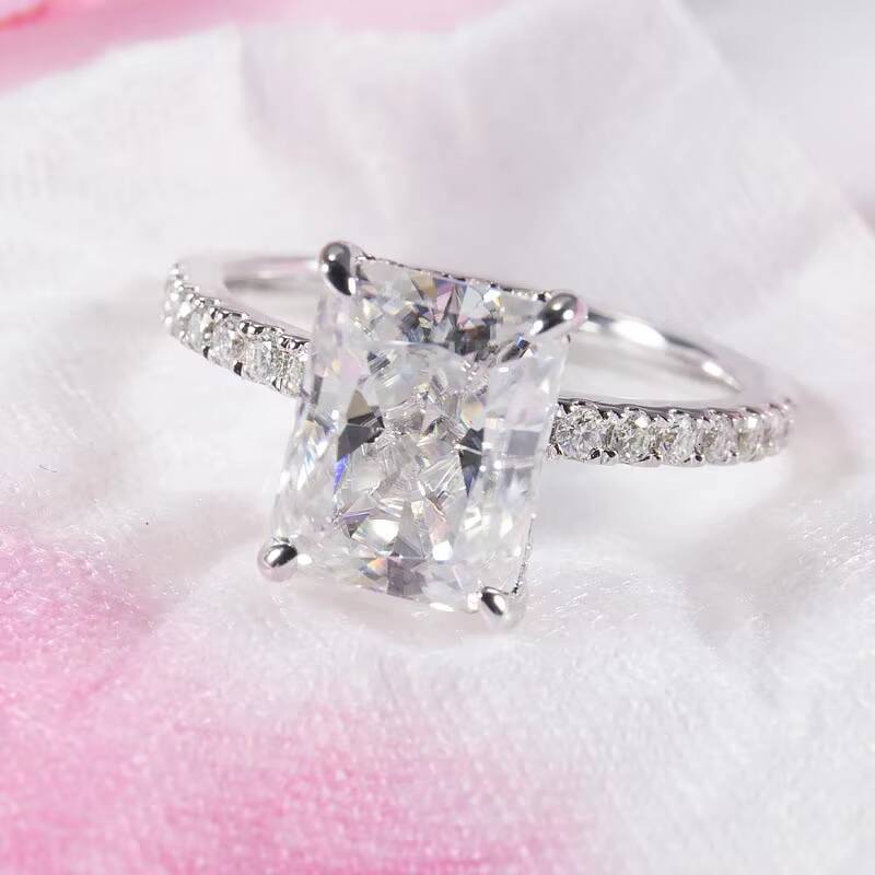 7x9mm Ice Crushed Radiant Cut Forever Moissanite 14k White Gold Engagement Ring with Accent Stones on Band