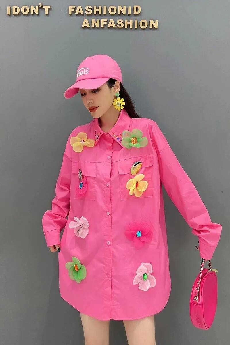 2025 Designer's New Sequins Diamond Flower Embroidery Cotton Long Oversized Women's Shirt Spring Long Sleeve Shirt Y K Top design powder blu