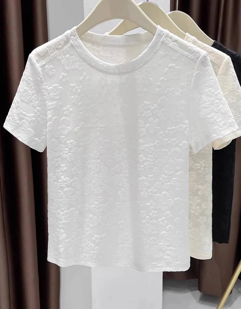 2025 Summer New Women's Mesh design Jacquard T-shirt Solid Color Round Neck Short Sleeve Thin Top Korean Elegant Women's Designer Fashion T-