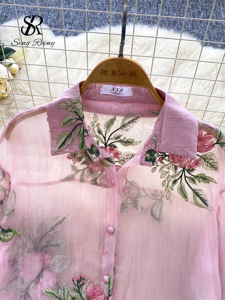 2025 New High Quality Embroidery Fashion Set Women's Round Neck Long Sleeve Transparent Shirt Elastic Flower design Loose Beach Shorts Designer S