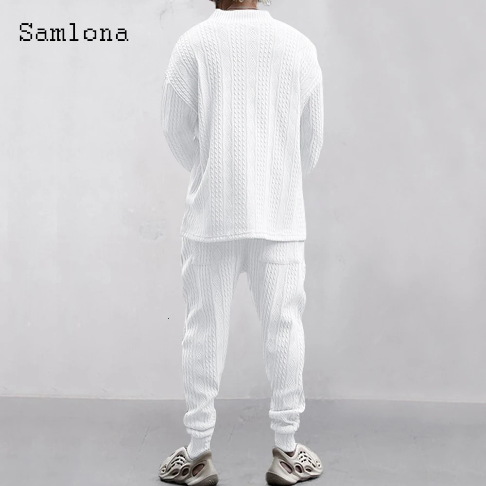 Mens Casual Knitting Two Piece Sets Winter Fashion Irregular Top Sweater and Solid White Sweatpants Male Tracksuits Set 250906
