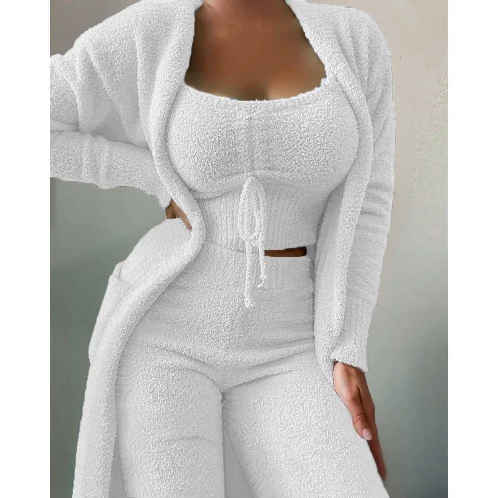 Pajama Woman Winter Fluffy Pajamas Set for Women Casual Solid Sleepwear 3 Pieces Suit Long Pants Homewear Pijama Y250906