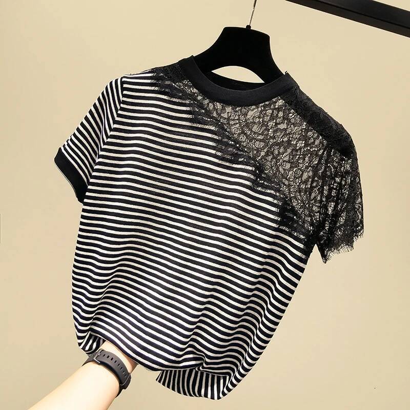 2025 New Lace T-shirt Women's Hollow Black Stripe Short Sleeve T-shirt Women's Clothing Knitted Designer design Summer Top T-shirt Women