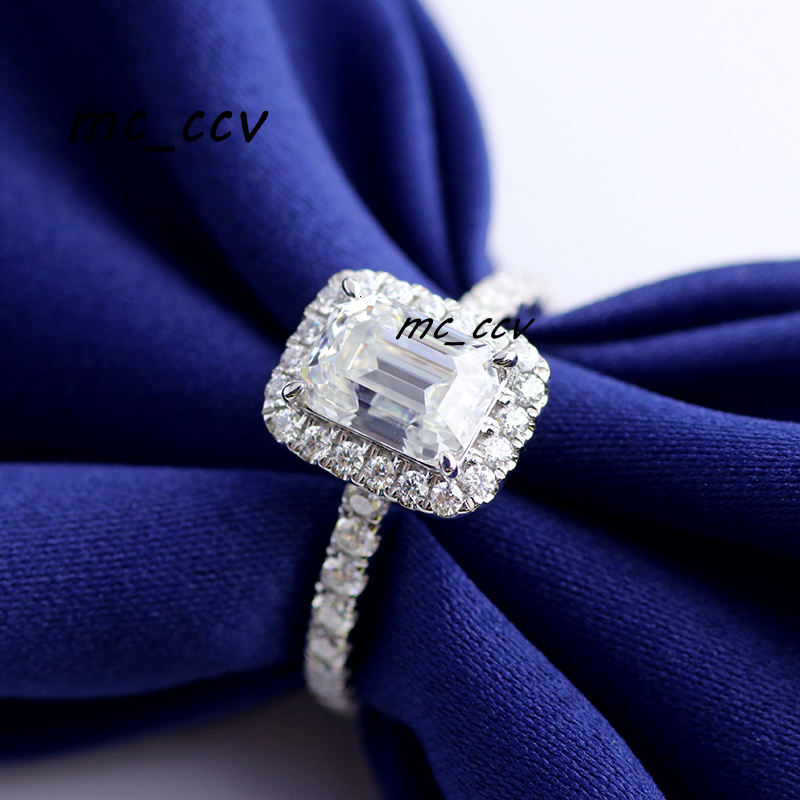 18carat white gold 6x8mm colorless DEF VVS emerald cut moissanite diamond halo ring for wedding
