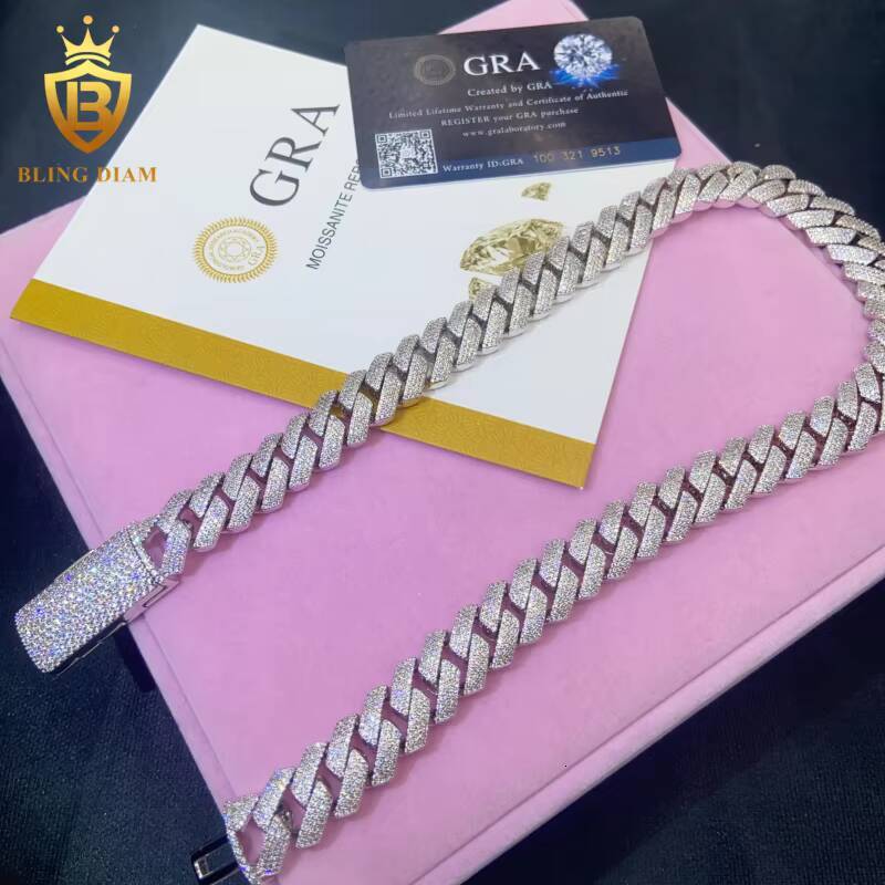In Stock with GRA Hip Hop Style S925 Moissanite 15mm Cuban Chain Pass Diamond Tester Iced Out Moissanite Necklace Chain Silver