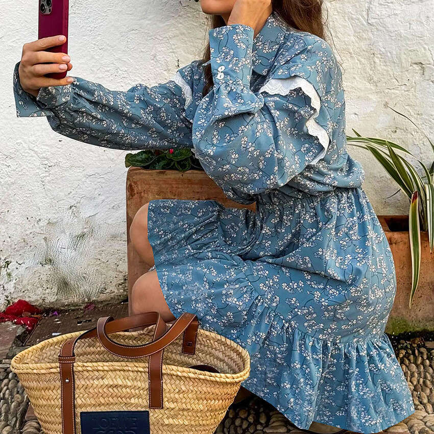 Autumn Winter New Printed Patchwork Long Sleeve A-Line Dress For Women With Design Sense And Fashionable Temperament B5