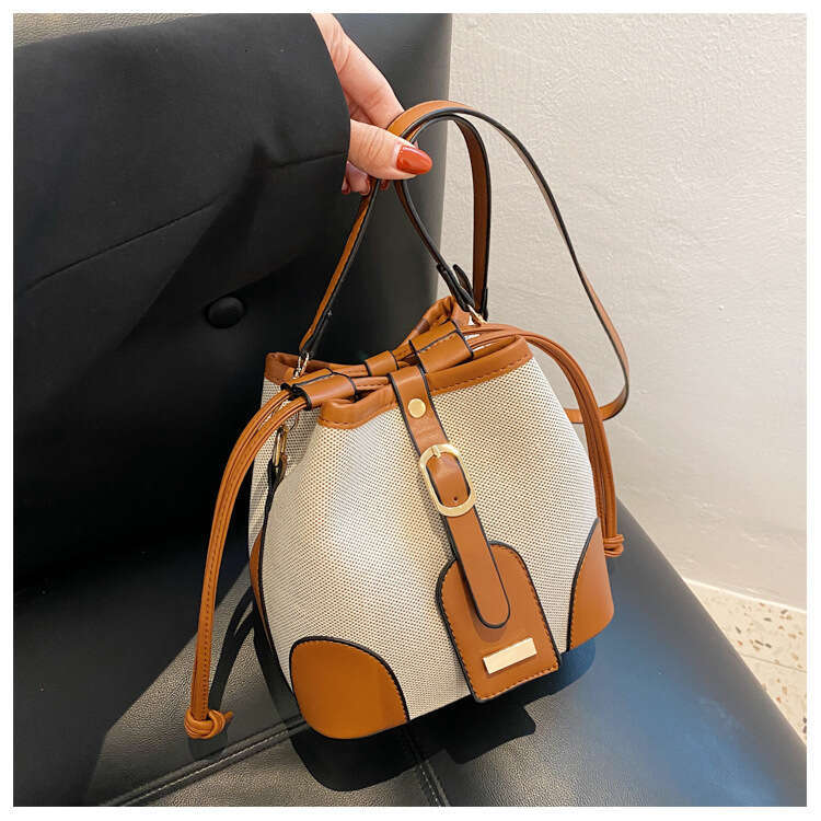 Color-Block Bucket for Women 2025 New Trendy Fashion Single Shoulder Canvas Patchwork Korean Style Textured Crossbody Bag