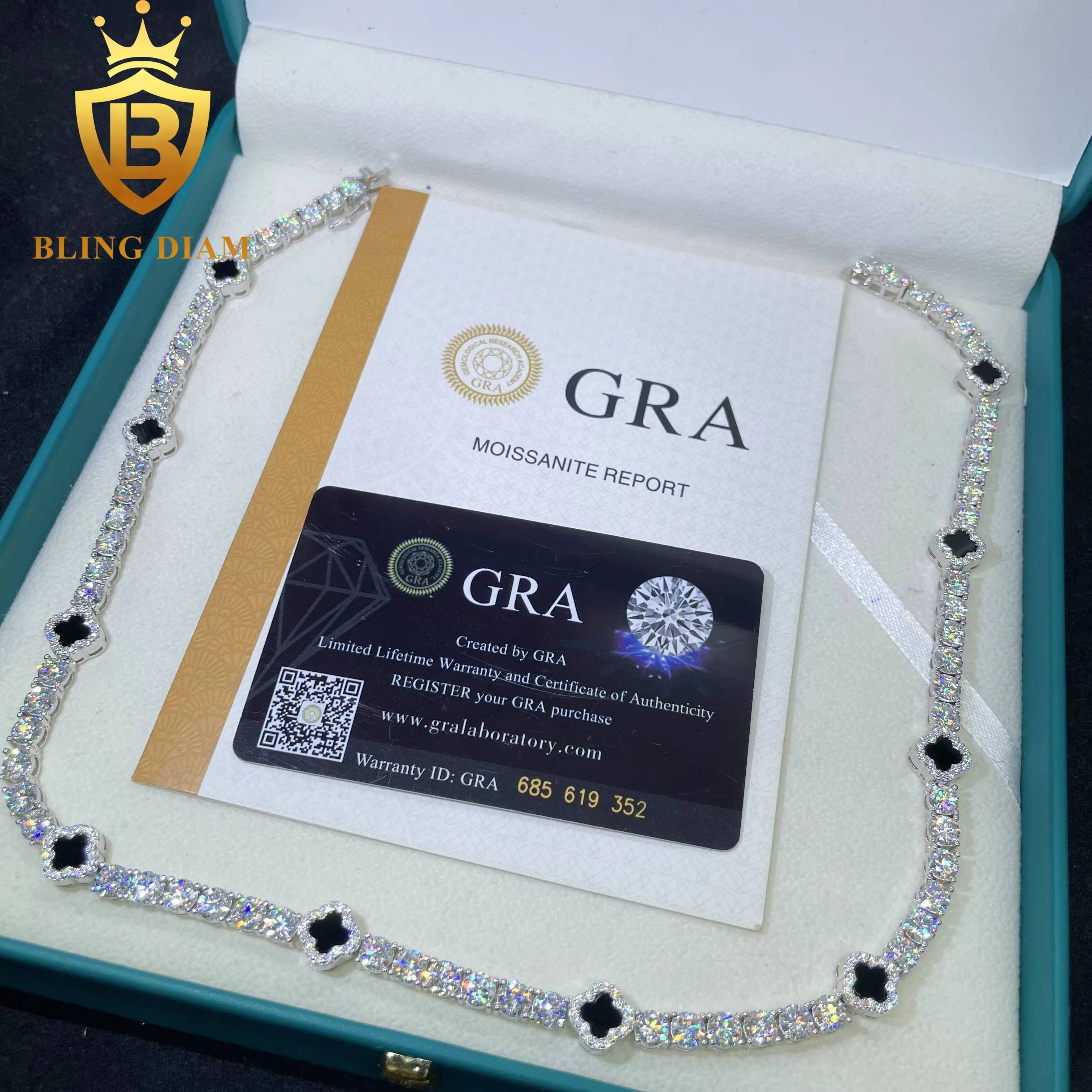 Factory Direct 3mm 5mm Fourleaf Clover 925 Silver Moissanite Diamond Tennis Necklace Design Fashion Tennis Jewelry Men Women