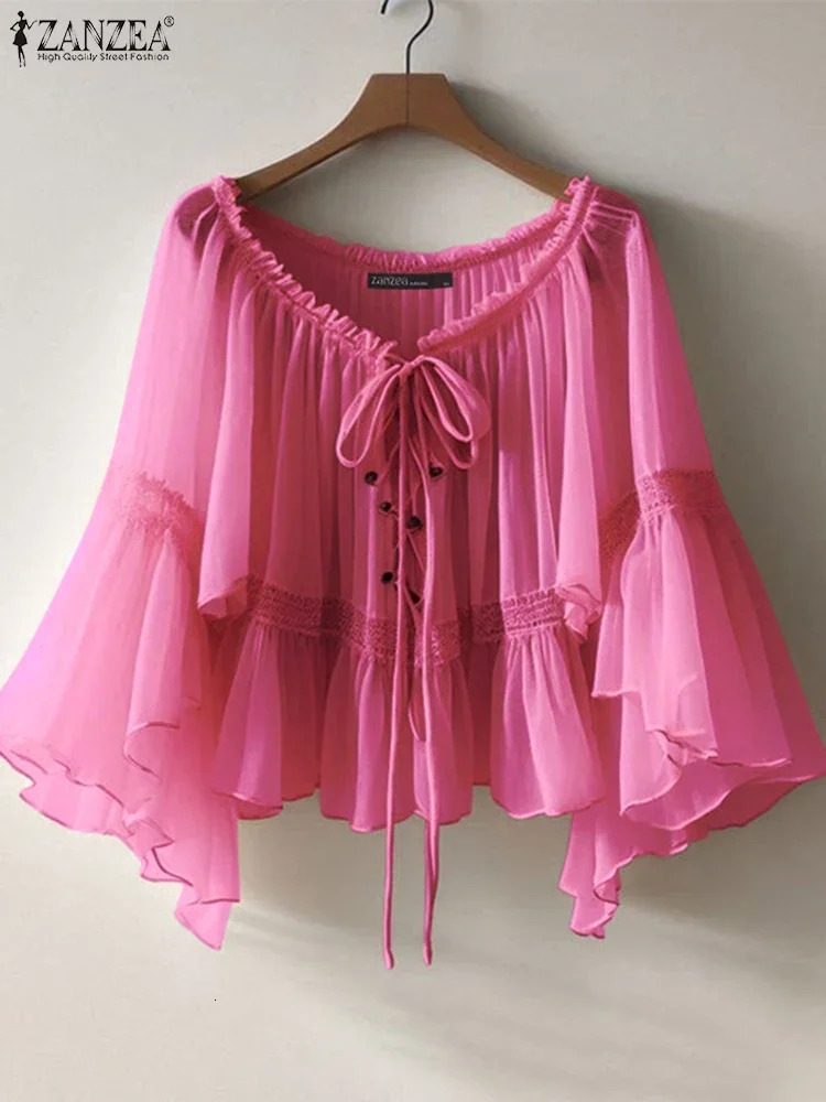 ZANZEA Women Vintage Chiffon Blouse Casual Loose 34 Flare Sleeve Short Tops 2025 Summer Seethrough Vneck Pleating Blusas Femme 250906