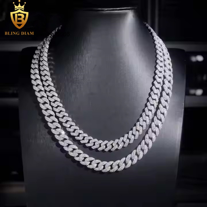 Hip Hop Style 12mm Sterling Silver 925 Vvs Moissanite Iced Out Jewelry Necklace Cuban Link Chain for Men