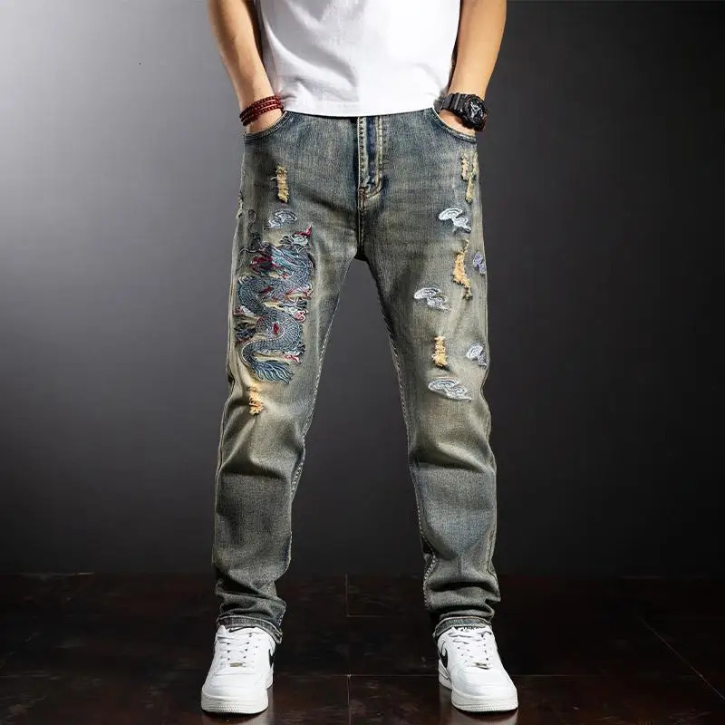 Loose Trousers Jeans for Men Baggy Embroidery Soft Clothes Y2k 2000s Streetwear Trend Wide Leg Xs Man Cowboy Pants Classic 250906