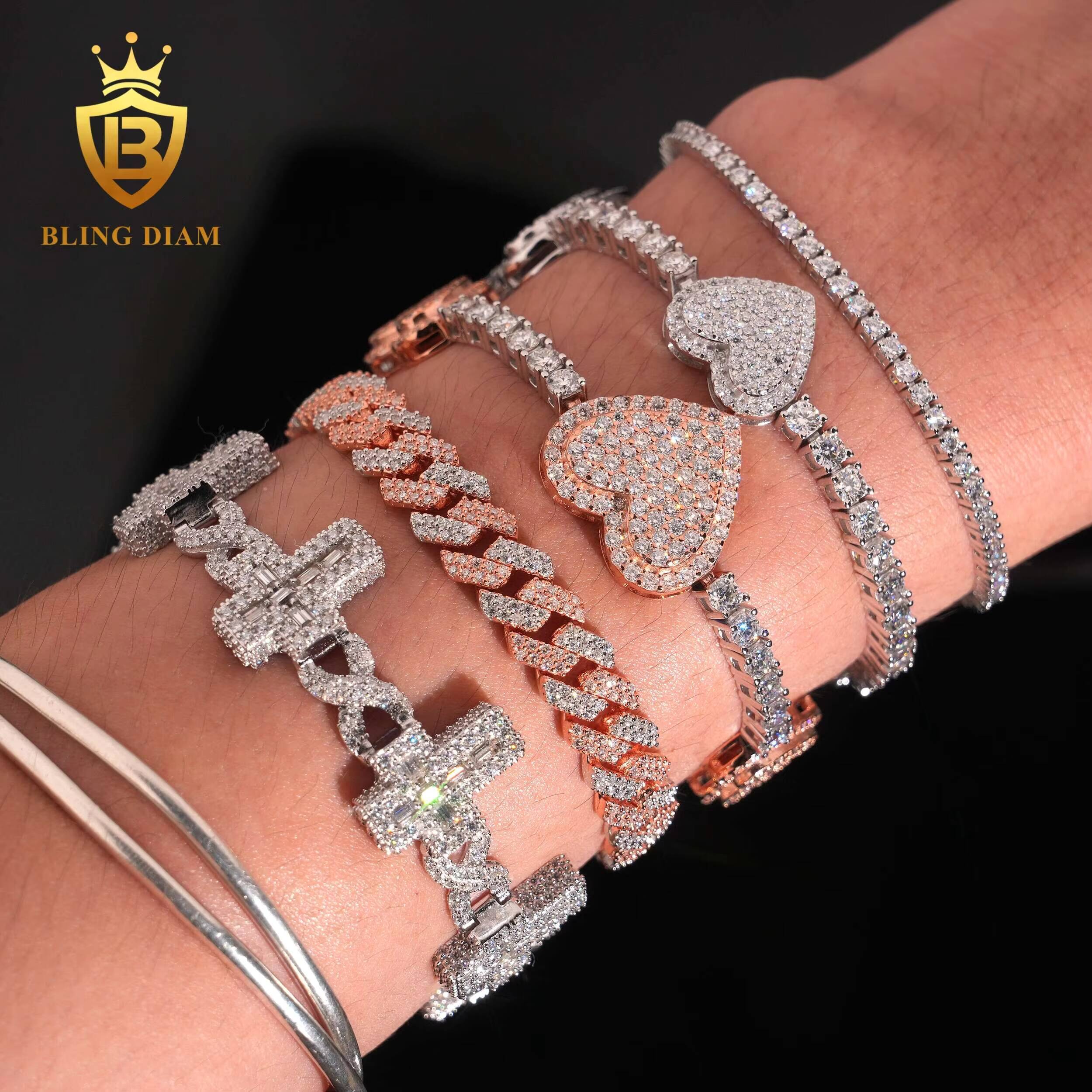 Hot Sale Fashion Fine Jewelry HipHop Style Iced Out Jewelry Moissanite Tennis Chain Moissanite Bracelet 925 Silver Tennis Chain