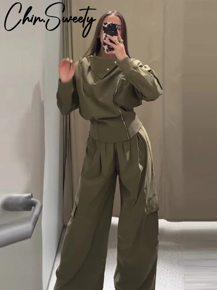 Asymmetric Short Jacket Pants Sets Women Stand Collar Full Sleeve Coat High Waist Wide Leg Pant 2025 Autumn Lady Street Outfits 250906