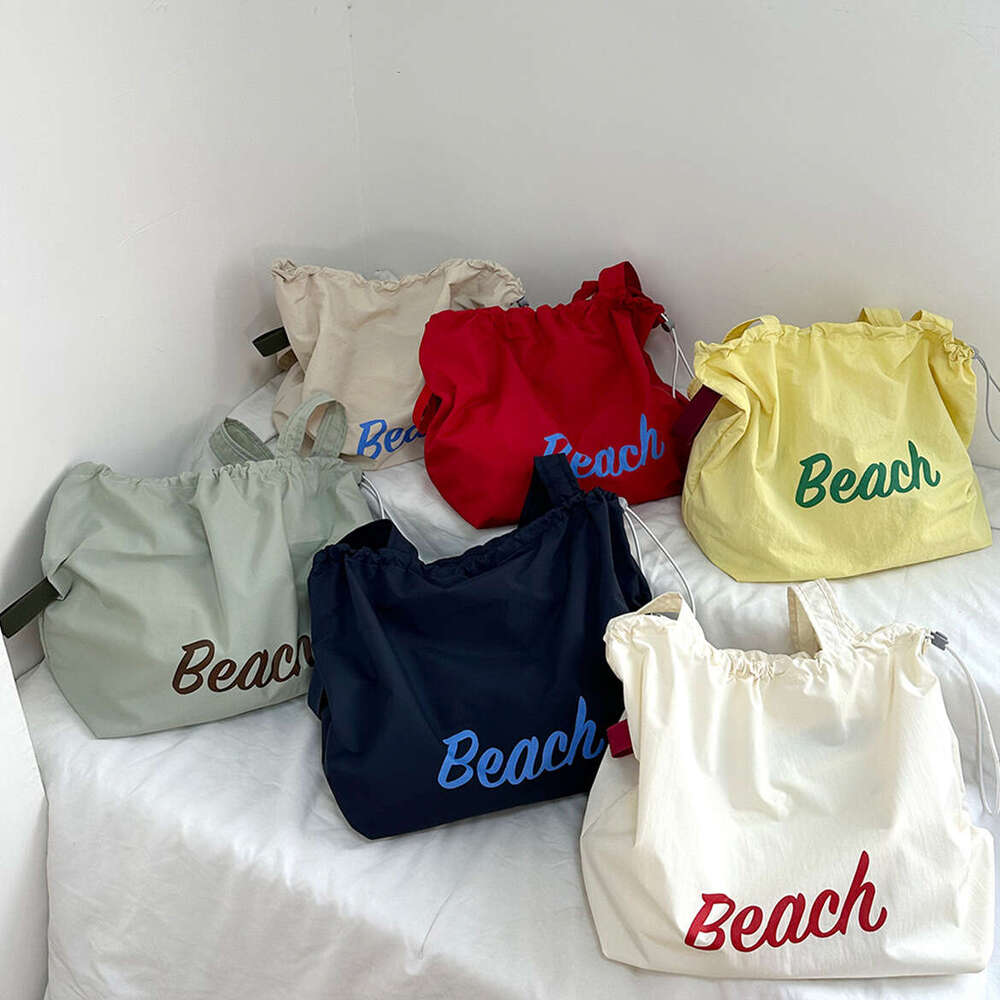 Korean Style New Letter Print for Women Large Capacity Nylon Shoulder Casual Versatile Portable Drawstring Tote Bag