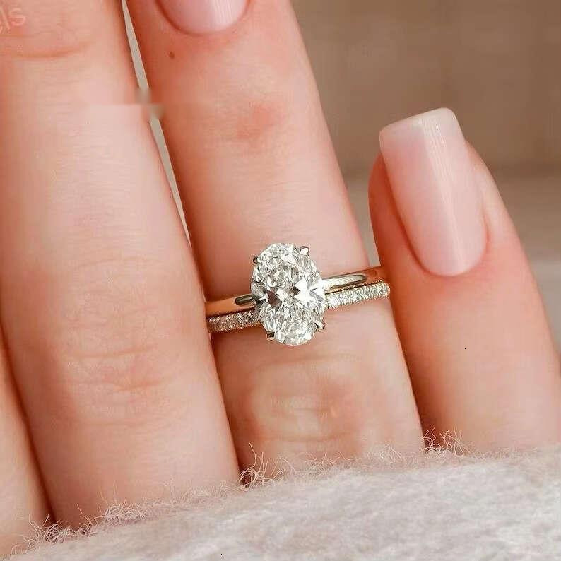 FOXI 2 Ct Oval Cut Moissanite Wedding 14k Gold Plated Bridal Engagement Set Art Deco Matching Stacked Bands Ring