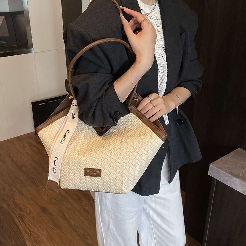 Bensherman Large Capacity Color-Block Woven Fashion Casual Single Shoulder Daily Commute Tote Bag Backpack