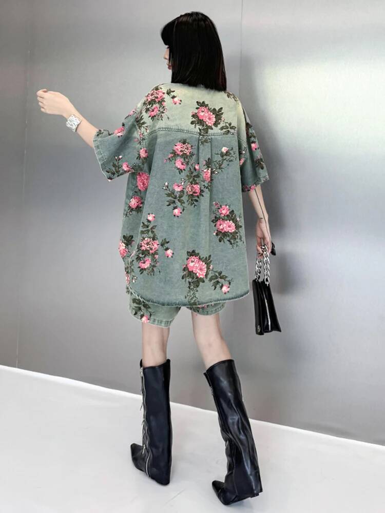 2025 Blue New Denim Shirt Wide Leg Shorts Two Piece Set Suit New Style Collar Short Sleeve Designer Women's Fashion Trendy design Spring and Summ