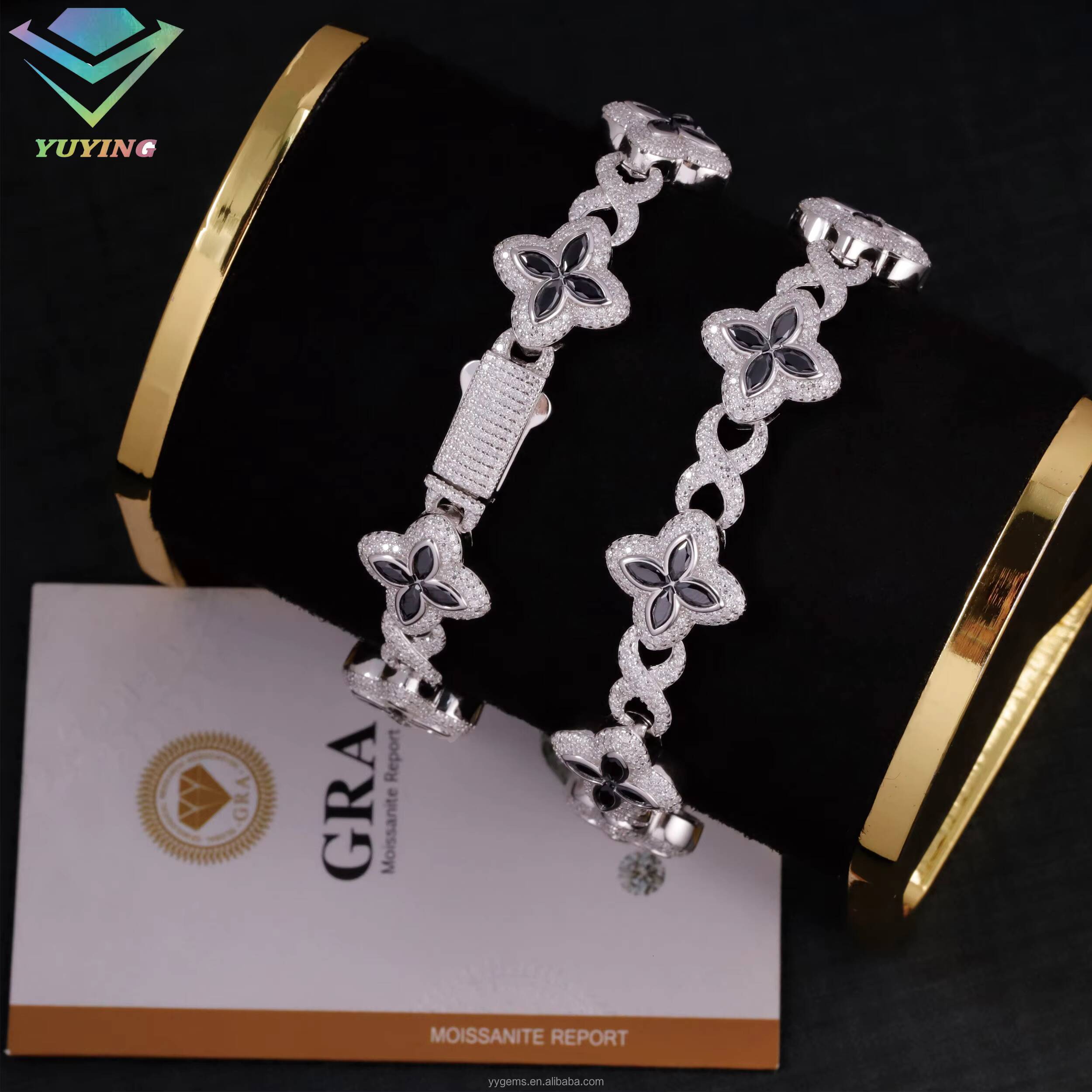 Ready to Ship 13mm Clover Bracelet S925 Silver Infinite Chain Blackwhite Moissanite Diamond Clover Bracelet for Women Girl