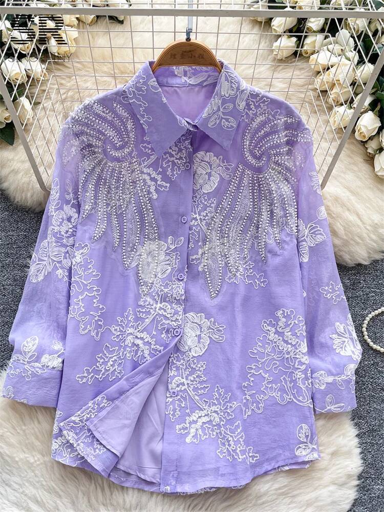 2025 new luxury sequin embroidered shirt autumn women's design bead design long sleeved single breasted French women's designer loose shirt