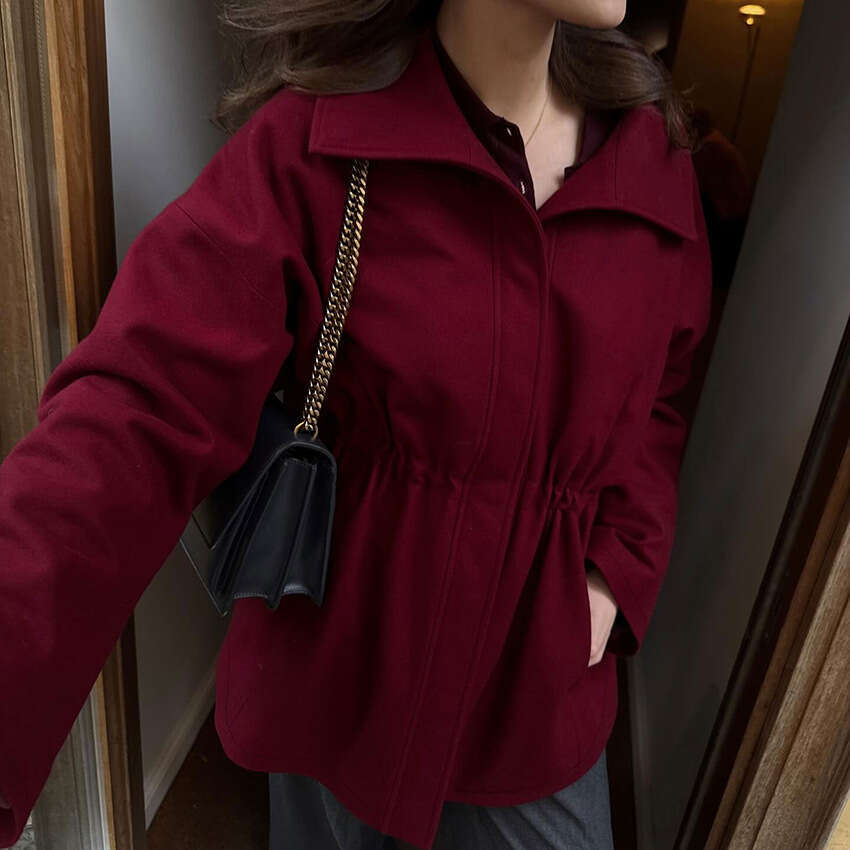 Autumn Winter New High Collar Waist Drawstring Woolen Long Sleeve Coat For Women With Design Sense, Elegant And Fashionable Commuting B3